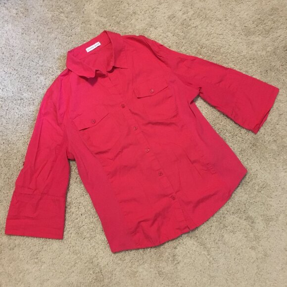 Brilliant Pink Cotton Button Down 3/4 Flare Sleeve Dress Shirt - Picture 10 of 15